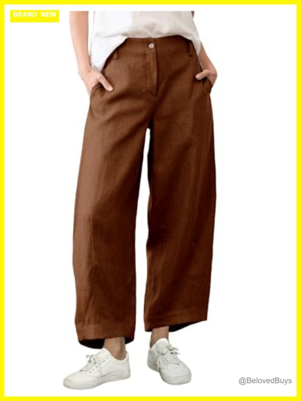 Womens Linen Barrel Capri Pants High Waisted Beach Pants with Pockets